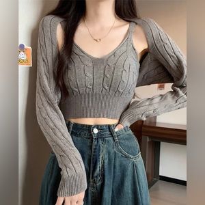 new women's twist sweater, suspender long-sleeved blouse fashion-2-piece set